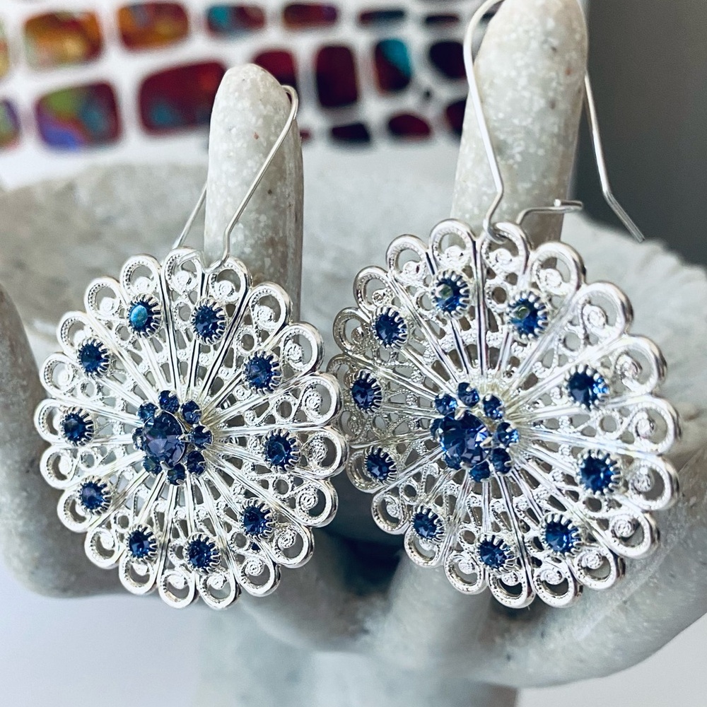 Swarovski Purple Crystal Flower Burst Earrings in Sterling Silver - 2 Inch